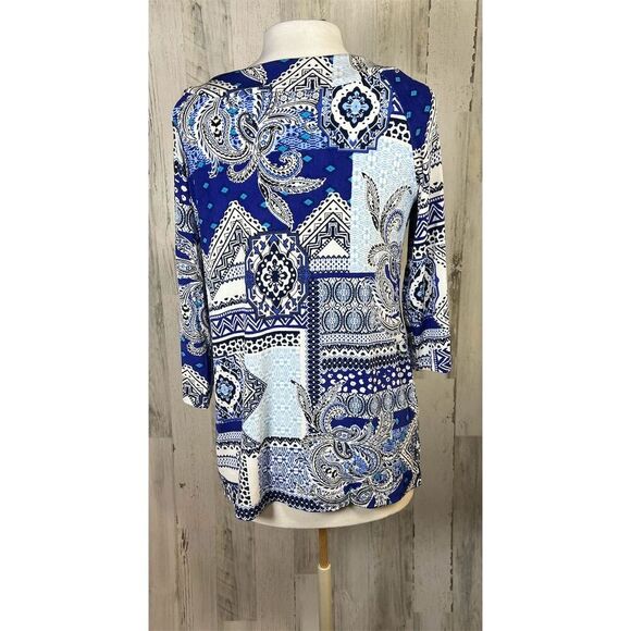 Chico’s Blue Paisley Tunic Top Size 1 M Boho Patchwork 3/4‎ Sleeve Travelers - Picture 6 of 9